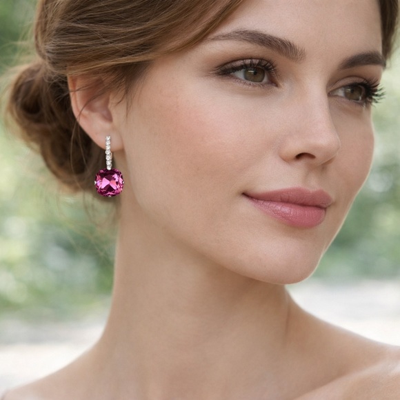 Cushion Cut dark Rose Pink Crystal Drop Earrings - Picture 3 of 3